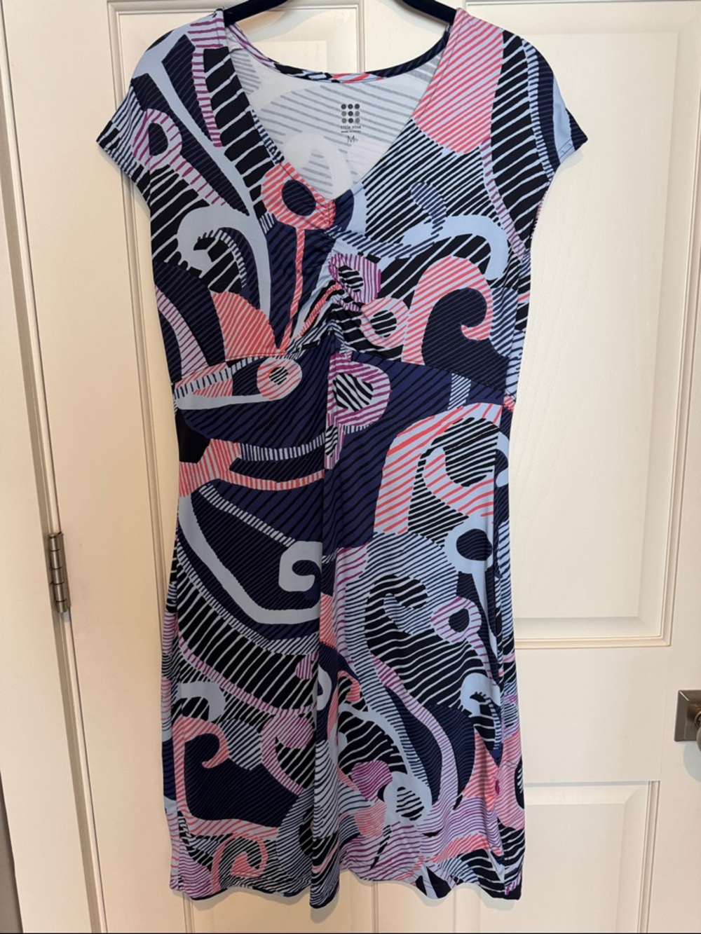 Title Nine Navy, Light Blue and Pink Abstract V-Neck Midi Dress